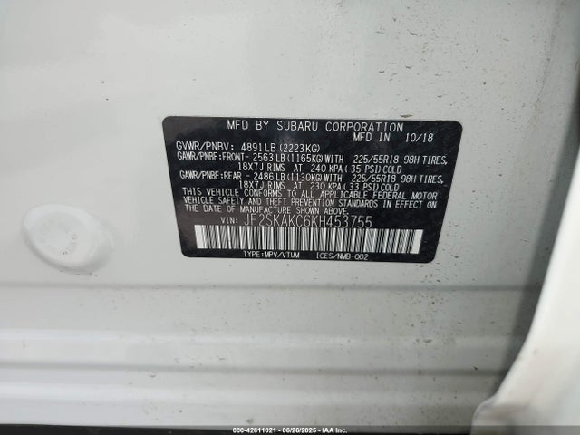Subaru naturally aspirated u5 2019 JF2SKAKC6KH453755 Image 9