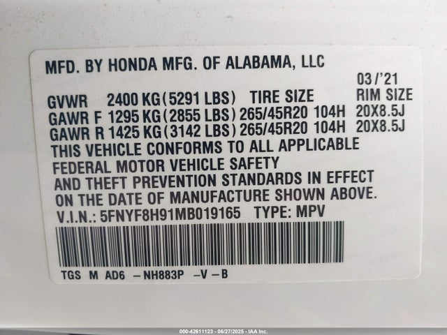 Honda j35y6 2021 5FNYF8H91MB019165 Image 9
