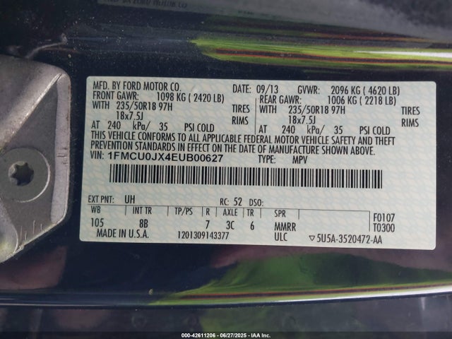 42611206 :رقم المزاد ، 1FMCU0JX4EUB00627 vin ، 2014 Ford Escape Titanium مزاد بيع
