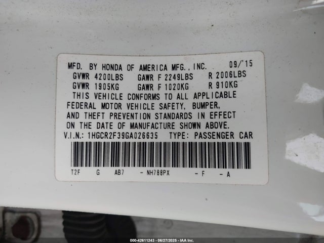 1HGCR2F39GA026635 Honda k24w1