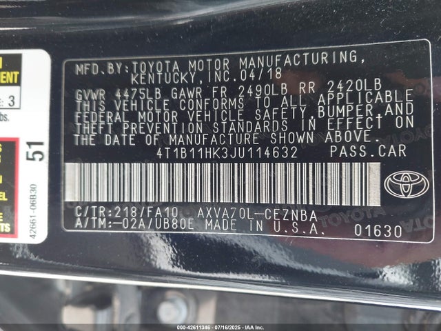 42611346 :رقم المزاد ، 4T1B11HK3JU114632 vin ، 2018 Toyota Camry Le مزاد بيع