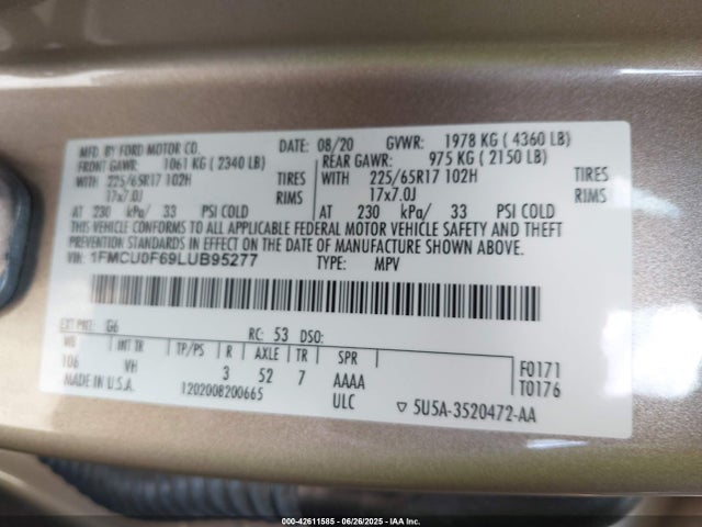 Ford 2020 2020 1FMCU0F69LUB95277 Image 9