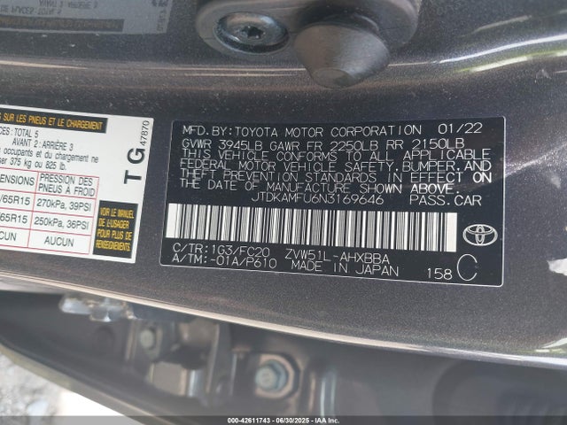 JTDKAMFU6N3169646 Toyota 2zr-fxe,1nm