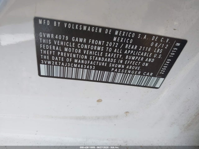42611889 :رقم المزاد ، 3VW2K7AJ3CM463493 vin ، 2012 Volkswagen Jetta 2.0l S مزاد بيع