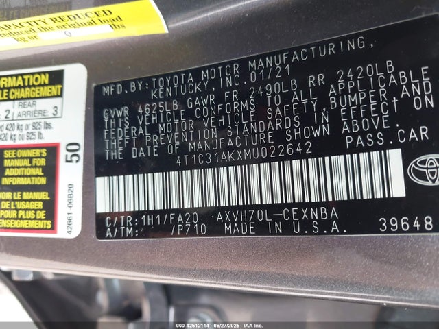 4T1C31AKXMU022642 Toyota a25a-fxs