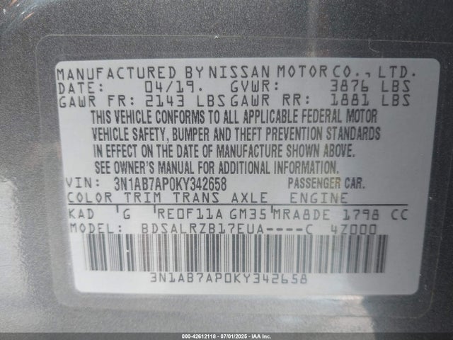 Aukcja sprzedaży 2019 Nissan Sentra Sr, vin: 3N1AB7AP0KY342658, numer aukcji: 42612118