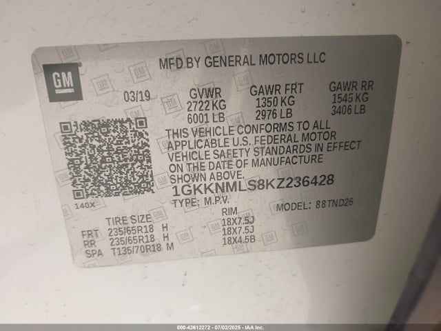 1GKKNMLS8KZ236428 GMC lgx - direct injection, variable valve timing, alum, gen 2