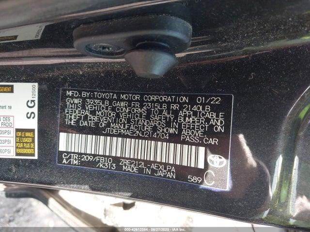 2022 Toyota Corolla Le მანქანა იყიდება აუქციონზე, vin: JTDEPMAE2NJ214704, აუქციონის ნომერი: 42612384