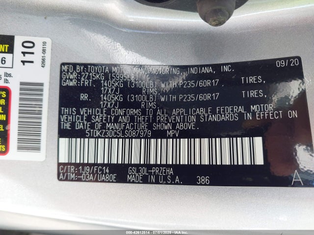 Toyota 2gr-fks 2020 5TDKZ3DC5LS087979 Image 9