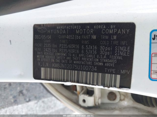 2005 HYUNDAI TUCSON KM8JN12D75U100734 Photo 8