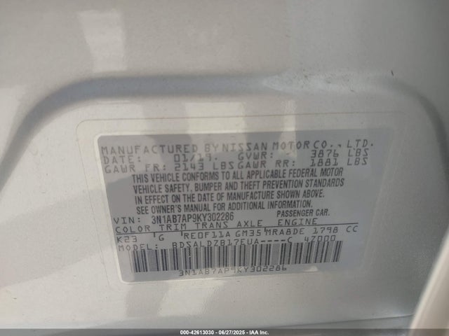 3N1AB7AP9KY302286 Nissan 2019