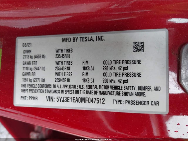 2021 TESLA MODEL 3 5YJ3E1EA0MF047512 Photo 8