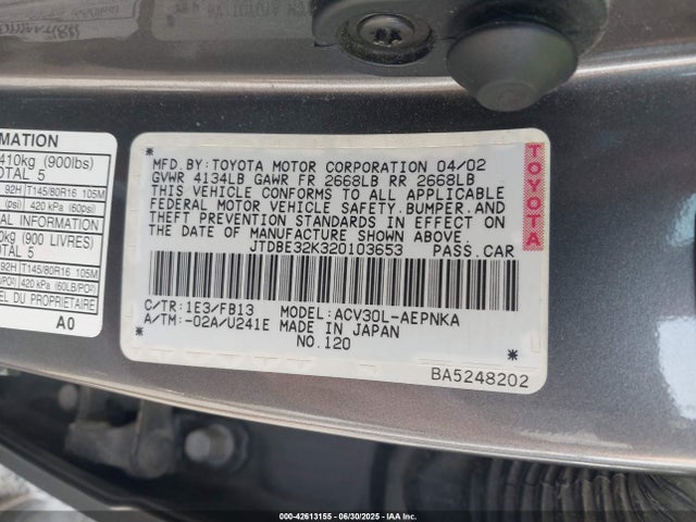 Aukcja sprzedaży 2002 Toyota Camry Le, vin: JTDBE32K320103653, numer aukcji: 42613155