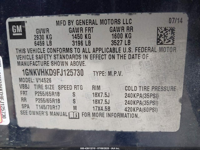 1GNKVHKD9FJ125730 Chevrolet llt