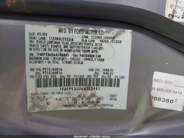 2006 FORD TAURUS 1FAFP53U06A108841 Photo 8