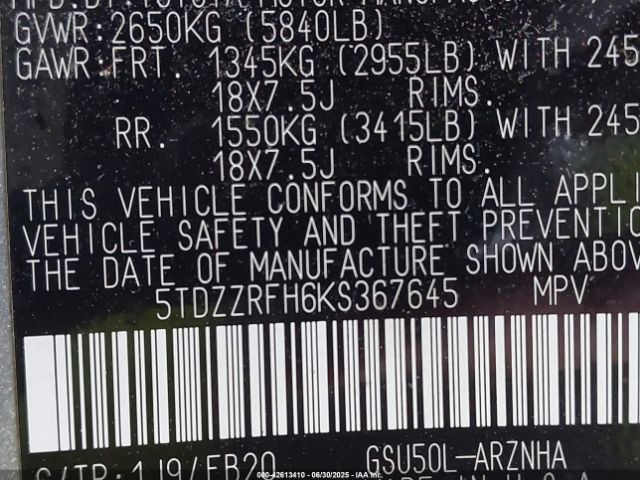 2019 TOYOTA HIGHLANDER 5TDZZRFH6KS367645 Photo 8