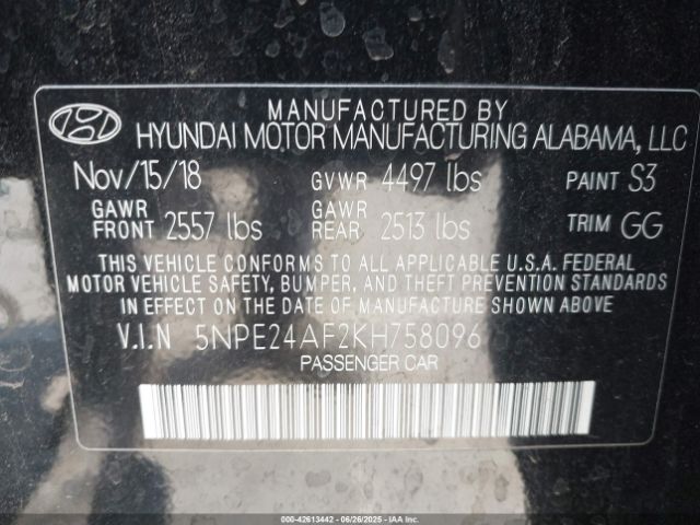 2019 HYUNDAI SONATA 5NPE24AF2KH758096 Photo 8