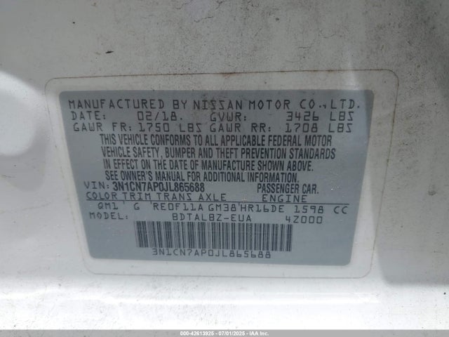 3N1CN7AP0JL865688 Nissan Versa