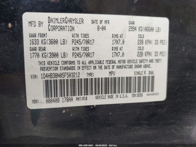 2005 DODGE DURANGO 1D4HB38N05F503212 Photo 8