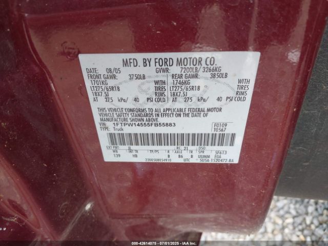2005 FORD F-150 1FTPW14555FB55883 Photo 8