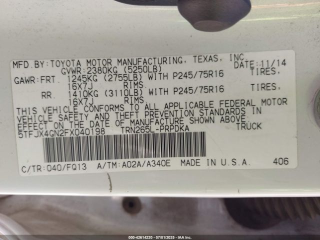 5TFJX4GN2FX040198 Toyota 2tr-fe