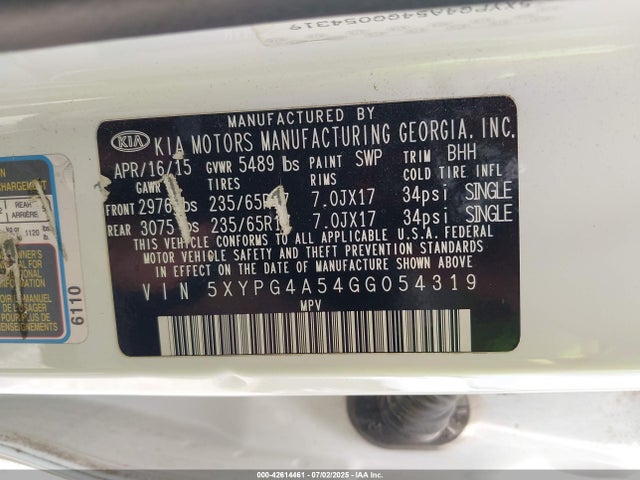 5XYPG4A54GG054319 KIA dohc gdi lambda ii