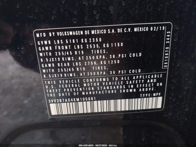 3VV3B7AX4KM105881 Volkswagen 2019