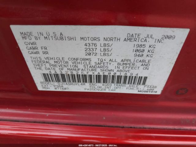 2010 MITSUBISHI GALANT 4A32B2FFXAE001894 Photo 8