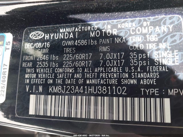 KM8J23A41HU381102 Hyundai TUCSON SE