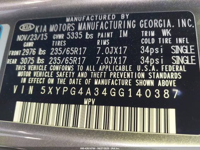 5XYPG4A34GG140387 KIA dohc gdi theta ii