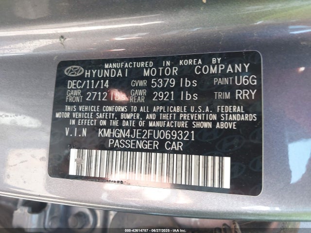 KMHGN4JE2FU069321 Hyundai gasoline 3.8 dohc mpi lambda