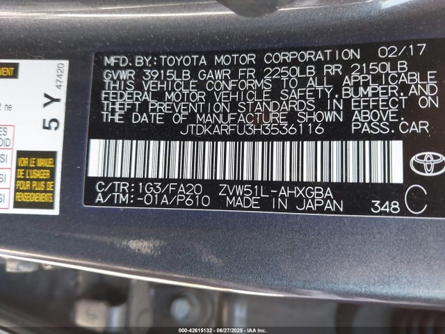 JTDKARFU3H3536116 Toyota 2zr-fxe,1nm