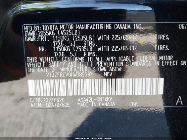 2T3ZFREV0HW389597 Toyota 2ar-fe
