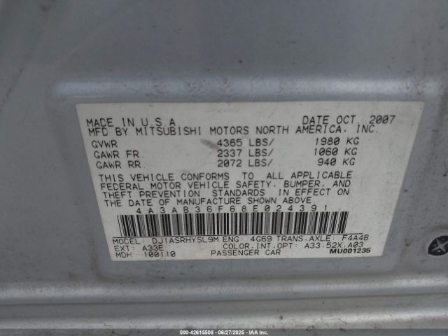 2008 MITSUBISHI GALANT 4A3AB36F68E024391 Photo 8