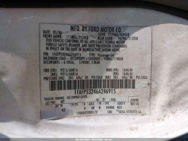2006 FORD TAURUS 1FAFP53246A246915 Photo 8