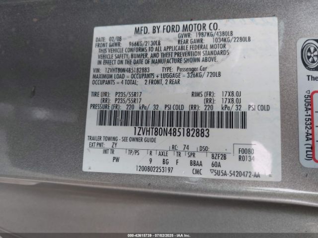 2008 FORD MUSTANG 1ZVHT80N485182883 Photo 8