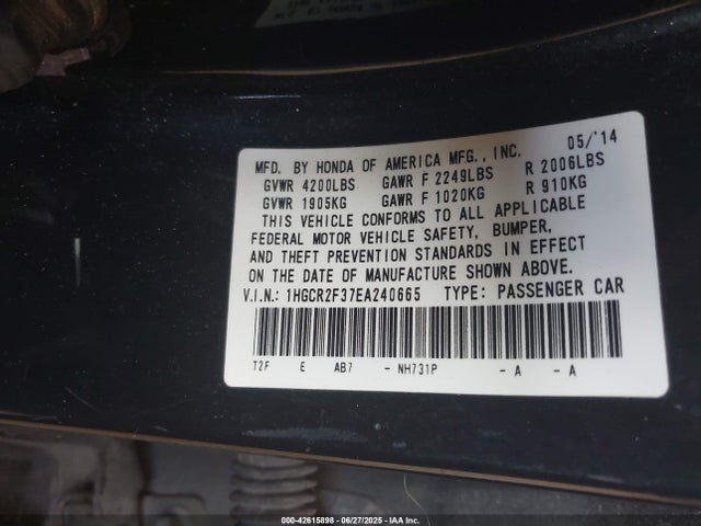 Honda k24w1 2014 1HGCR2F37EA240665 Image 9