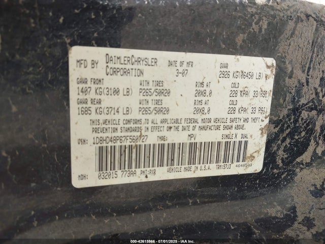42615966 :رقم المزاد ، 1D8HD48P67F560727 vin ، 2007 Dodge Durango Slt مزاد بيع