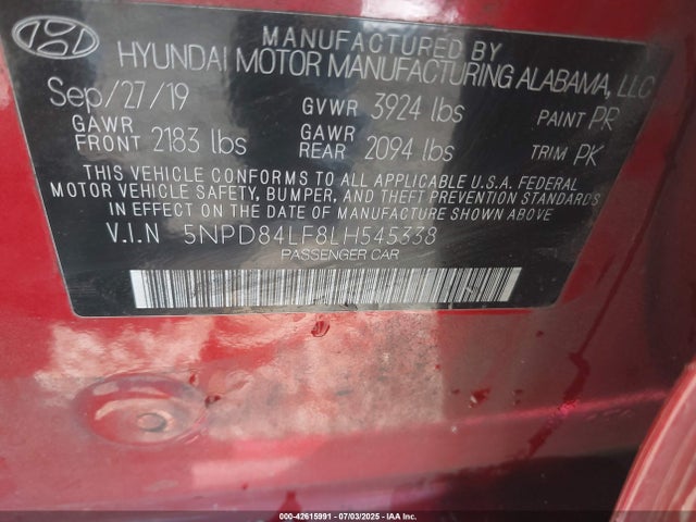 5NPD84LF8LH545338 Hyundai mpi nu