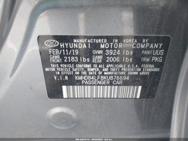 2019 HYUNDAI ELANTRA KMHD84LF8KU876694 Photo 8