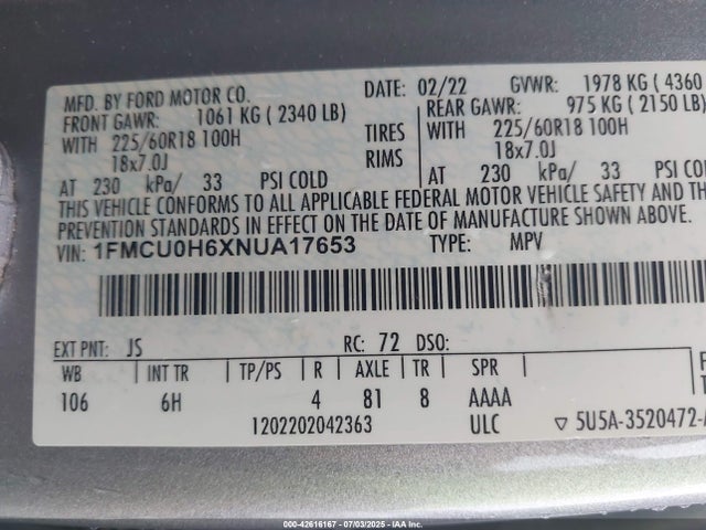 1FMCU0H6XNUA17653 Ford dragon di tc