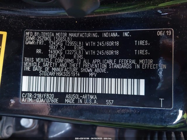 5TDZARFH6KS051914 Toyota 1ar-fe