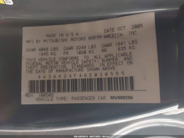 2006 MITSUBISHI ECLIPSE 4A3AK24F46E030555 Photo 8