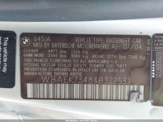 2004 BMW 645CI WBAEK73484B322531 Photo 8