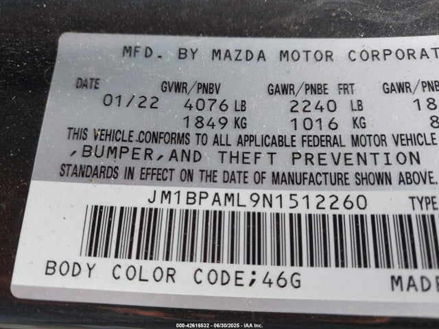 42616532 :رقم المزاد ، JM1BPAML9N1512260 vin ، 2022 Mazda Mazda3 Premium مزاد بيع