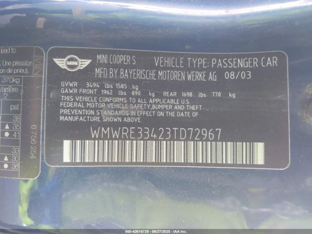 2003 MINI COOPER S WMWRE33423TD72967 Photo 8
