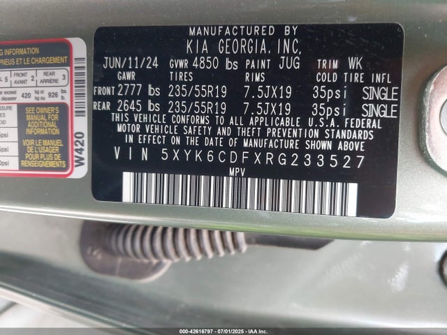 5XYK6CDFXRG233527 KIA gdi theta iii