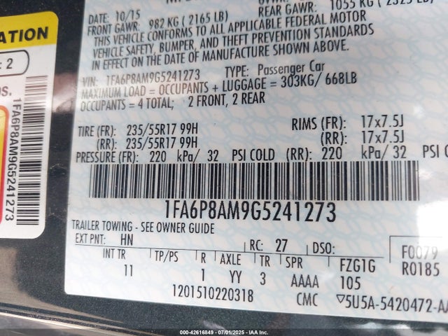 1FA6P8AM9G5241273 Ford Mustang