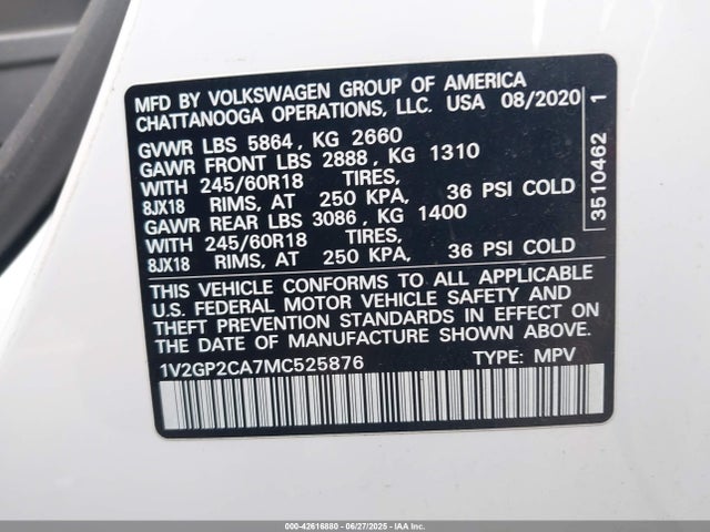 1V2GP2CA7MC525876 Volkswagen 2.0 tsi