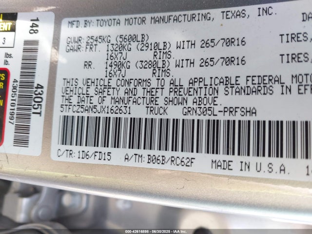5TFCZ5AN5JX162631 Toyota 2gr-fks